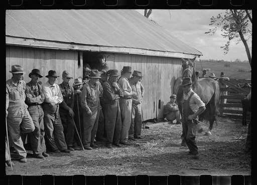Untitled photo, possibly related to: Auctioneers, buyers, and farmer with horse, farm sale, Pettis County, Missouri
