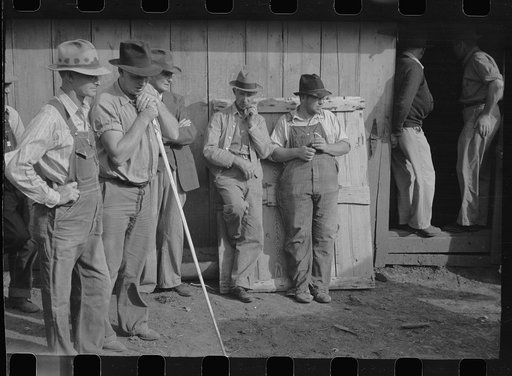 Farmer's neighbors who have come to buy livestock and equipment at farm sale, Pettis County, Missouri