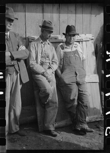Untitled photo, possibly related to: Farmer's neighbors who have come to buy livestock and equipment at farm sale, Pettis County, Missouri