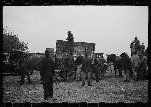 Untitled photo, possibly related to: Wagon with extra-high bangboard used in cornhusking contest, Marshall County, Iowa