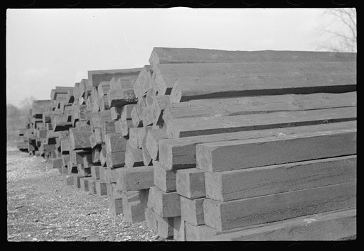 Untitled photo, possibly related to: Railroad ties painted with creosote, Brown County, Indiana