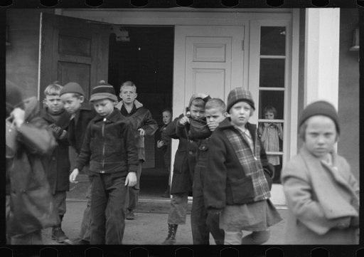 Untitled photo, possibly related to: Children leaving grade school at Reedsville, West Virginia