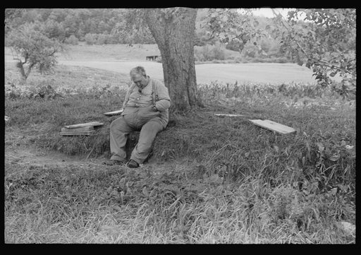 Untitled photo, possibly related to: Fat man dozing in the shade of a tree, New Hampshire