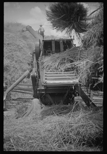 Untitled photo, possibly related to: Brookeville, Maryland. Baling hay