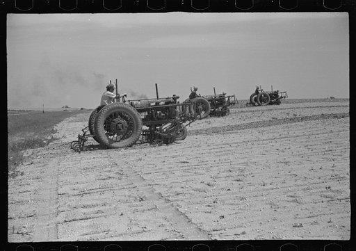 Untitled photo, possibly related to: Cultivators on Seabrook Farms, between Bridgeton, and Vineland, New Jersey. This farm with several thousand acres of its' own and more thousands under contract, grows such truck crops as beans and peas almost entirely by mechanical means for its own large cannery