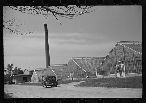 Greenhouses on Seabrook Farms, between Bridgeton and Vineland, New Jersey. Farms such as this have made a science of agriculture. This one is run by an agronomist and tractor drivers under him. Little ordinary farm labor is employed and that only seasonably