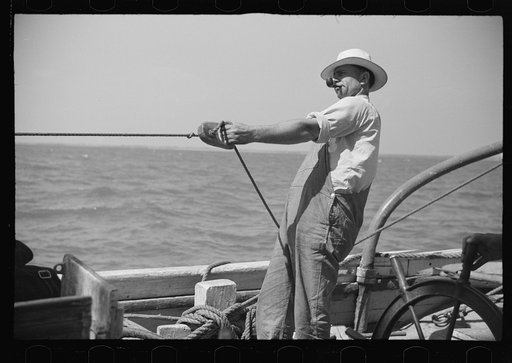 Untitled photo, possibly related to: Aboard a trap fishing boat. The deck of the boat on the way home. Provincetown, Massachusetts