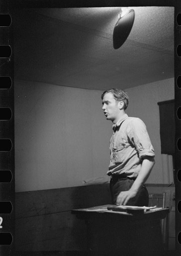 Untitled photo, possibly related to: Leif Dahl, organizer of agricultural workers union speaking at union meeting in Bridgeton, New Jersey