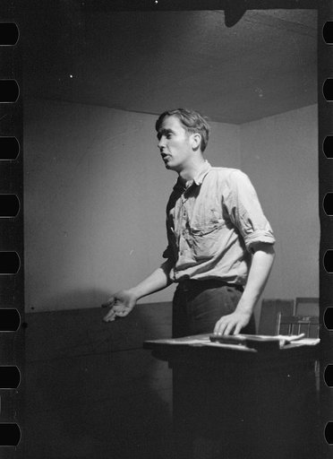 Untitled photo, possibly related to: Leif Dahl, organizer of agricultural workers union speaking at union meeting in Bridgeton, New Jersey