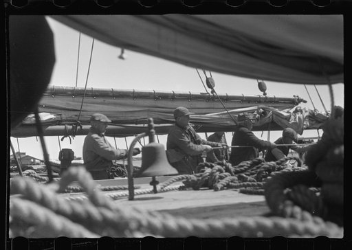 Untitled photo, possibly related to: Aboard a trap fishing boat. The deck of the boat on the way home. Provincetown, Massachusetts