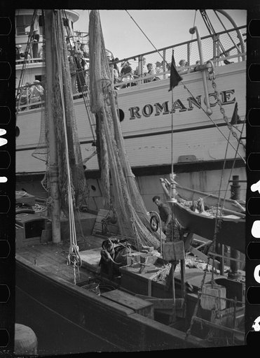 The economy of a town: fishing and the tourist trade. A fishing boat in front of the S.S. "Romance," a tourist boat which used to ply between Boston and Provincetown and has since sunk in Boston Harbor. Provincetown, Massachusetts