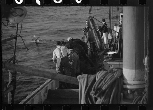 Untitled photo, possibly related to: Aboard a trawler (locally called a dragger). The power-driven winch lets out the starboard net. While over fishing grounds one of two nets is constantly in the water, dragging along the bottom. Boats are powerful, diesel-engined, between forty and seventy-five fe