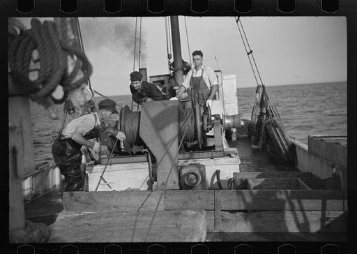 Aboard a trawler (locally called a dragger). The power-driven winch lets out the starboard net. While over fishing grounds one of two nets is constantly in the water, dragging along the bottom. Boats are powerful, diesel-engined, between forty and seventy-five feet long. Their unrestricted use has d