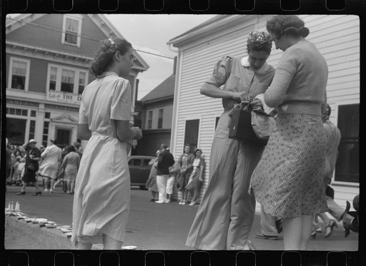 Untitled photo, possibly related to: Tourists, fresh off the boat from Boston. With only two hours in town, they buy seashells dinners, trinkets and rides on the sight seeing bus. Provincetown, Massachusetts