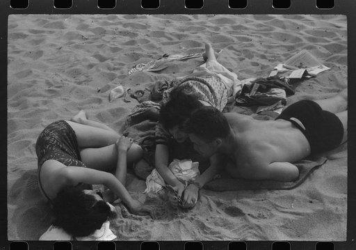 Untitled photo, possibly related to: Beach scene at "New Beach," the most popular beach near Provincetown. Regular bus service makes this beach easily available; lack of bath houses causes a great deal of picturesque dressing and undressing in and behind parked cars. Provincetown, Massachusetts
