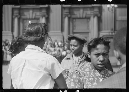 Young people outside of Negro high school, Chicago, Illinois, Black Belt