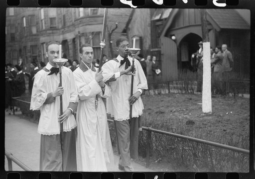 Untitled photo, possibly related to: Easter procession outside of fashionable Negro church, Black Belt, Chicago, Illinois