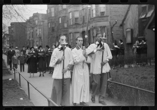 Untitled photo, possibly related to: Easter procession outside of fashionable Negro church, Black Belt, Chicago, Illinois