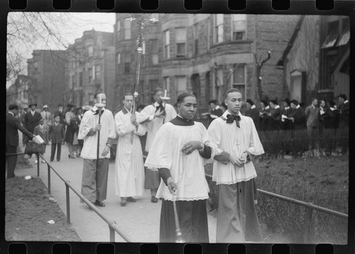 Untitled photo, possibly related to: Easter procession outside of fashionable Negro church, Black Belt, Chicago, Illinois