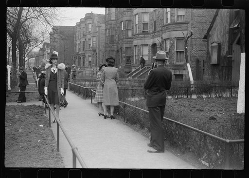 Untitled photo, possibly related to: Easter procession outside of fashionable Negro church, Black Belt, Chicago, Illinois