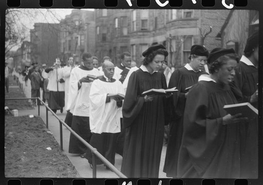 Untitled photo, possibly related to: Easter procession outside of fashionable Negro church, Black Belt, Chicago, Illinois