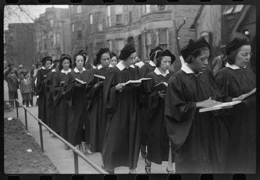 Untitled photo, possibly related to: Easter procession outside of fashionable Negro church, Black Belt, Chicago, Illinois