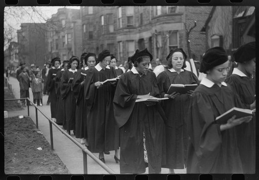 Untitled photo, possibly related to: Easter procession outside of fashionable Negro church, Black Belt, Chicago, Illinois