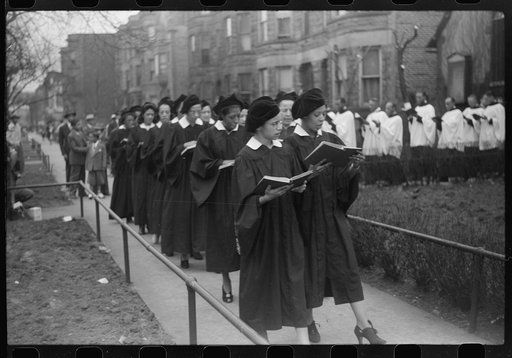 Untitled photo, possibly related to: Easter procession outside of fashionable Negro church, Black Belt, Chicago, Illinois