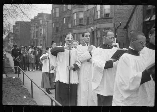 Untitled photo, possibly related to: Easter procession outside of fashionable Negro church, Black Belt, Chicago, Illinois