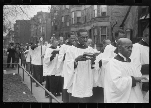 Untitled photo, possibly related to: Easter procession outside of fashionable Negro church, Black Belt, Chicago, Illinois