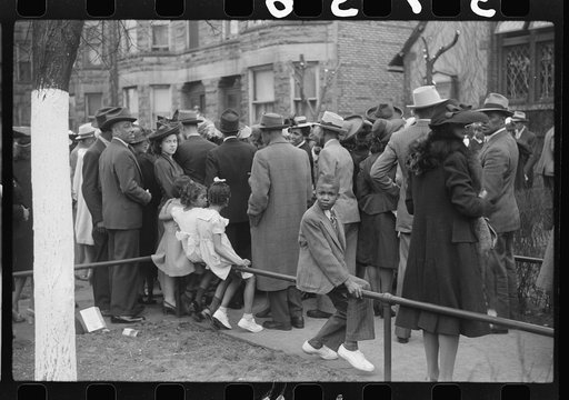Untitled photo, possibly related to: Crowd outside of fashionable Negro church after Easter Sunday service, Black Belt, Chicago, Illinois