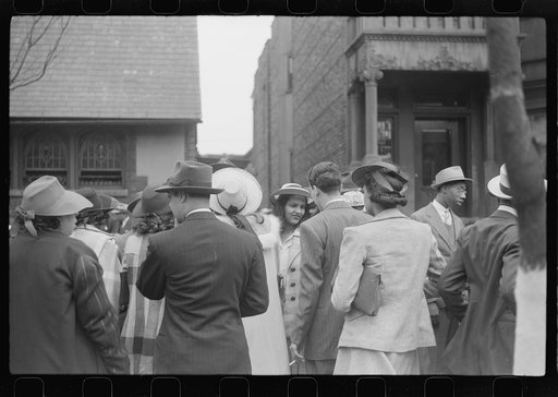 Untitled photo, possibly related to: Crowd outside of fashionable Negro church after Easter Sunday service, Black Belt, Chicago, Illinois