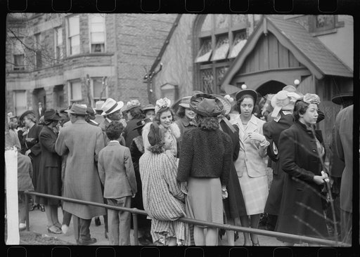 Untitled photo, possibly related to: Crowd outside of fashionable Negro church after Easter Sunday service, Black Belt, Chicago, Illinois