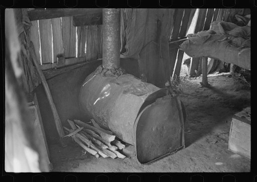 Stove made out of old oil can, squatter's camp, Arkansas