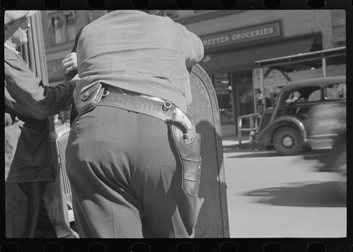 A deputy with a gun on his hip during the September 1935 strike in Morgantown, West Virginia