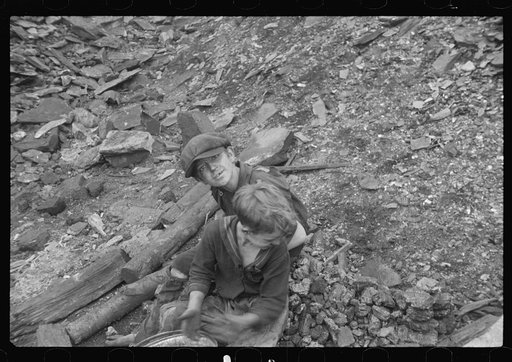 Young boys salvaging coal from the slag heaps, Nanty Glo, Pennsylvania