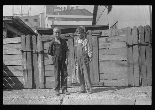 Boys by gate, Pickaway Livestock Cooperative Association, central Ohio