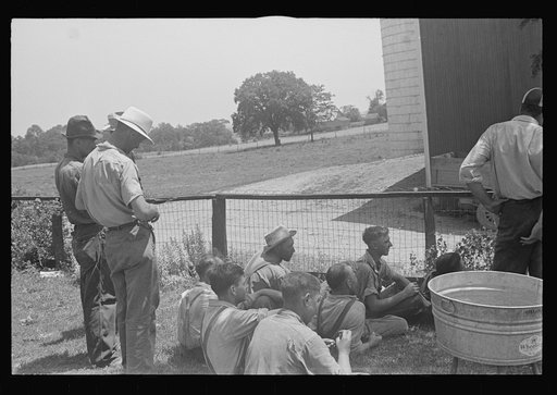 Untitled photo, possibly related to: Part of threshing crew, waiting for "second table," central Ohio