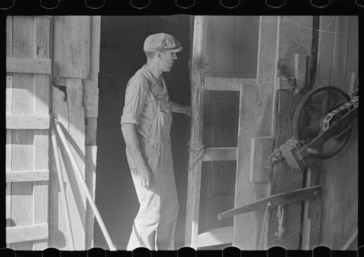 Untitled photo, possibly related to: Unloading truck inside grain elevator, Plain City, Ohio