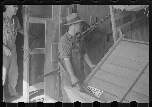 Unloading truck inside grain elevator, Plain City, Ohio