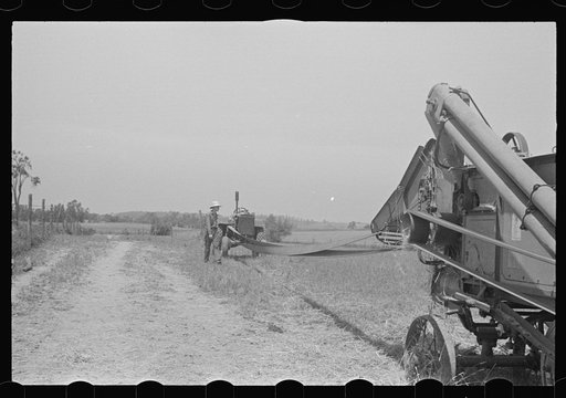 Untitled photo, possibly related to: Loading hay from window with hayloader, central Ohio