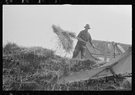 Untitled photo, possibly related to: Adjusting straw stocker on grain separator, central Ohio
