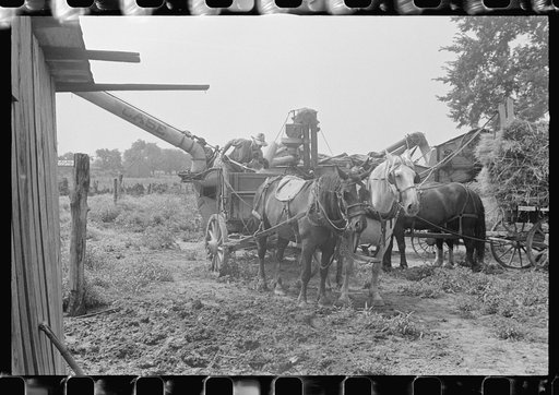 Untitled photo, possibly related to: Adjusting straw stocker on grain separator, central Ohio