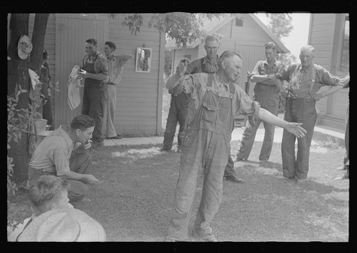 Political forum before dinner during wheat harvest, central Ohio