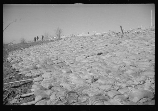 Untitled photo, possibly related to: The Bessie Levee augmented with sand bags during the 1937 flood near Tiptonville, Tennessee