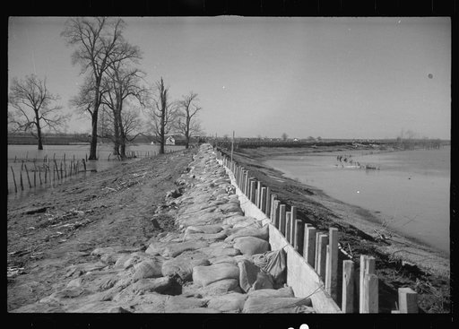 The Bessis Levee, along a subsidiary of the Mississippi River, near Tiptonville, Tennessee. The levee has been augmented with sand bags during the 1937 flood