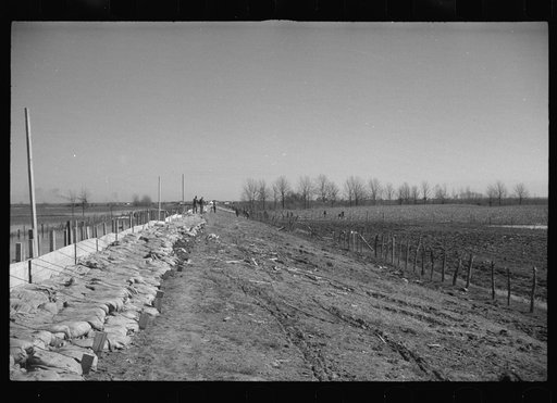 Untitled photo, possibly related to: The Bessis Levee, along a subsidiary of the Mississippi River, near Tiptonville, Tennessee. The levee has been augmented with sand bags during the 1937 flood