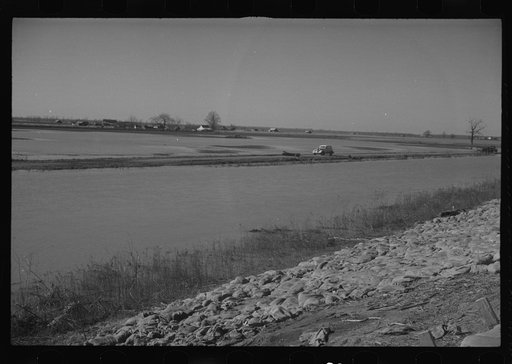 Untitled photo, possibly related to: The Bessis Levee, along a subsidiary of the Mississippi River, near Tiptonville, Tennessee. The levee has been augmented with sand bags during the 1937 flood