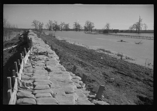 Untitled photo, possibly related to: The Bessis Levee, along a subsidiary of the Mississippi River, near Tiptonville, Tennessee. The levee has been augmented with sand bags during the 1937 flood