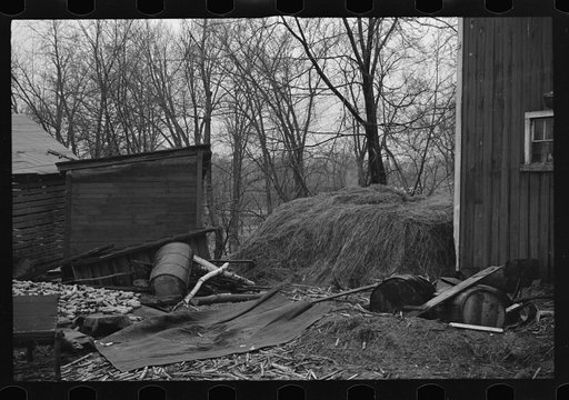 Untitled photo, possibly related to: Flood debris in yard of resettlement client. The wheelbarrow floated to its precarious position on the roof. Hatfield, Massachusetts